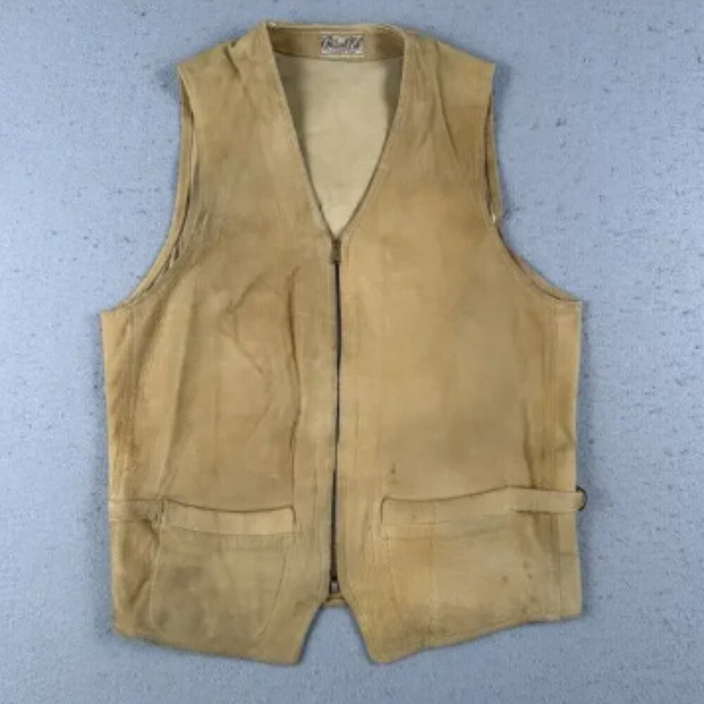 Vintage 40s Briar Club Suede Vest Small Brown Leather Talon Zip Hunting Workwear